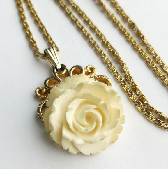 Vintage Mid Century Carved Rose Pendant Necklace
