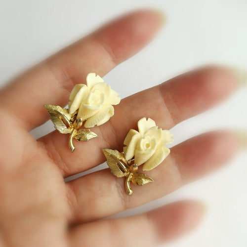 Vintage Boucher Carved Rose Mid Century Earrings