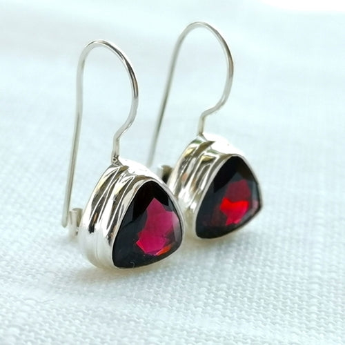 Trillion Cut Garnet Drop Earrings in Sterling Silver