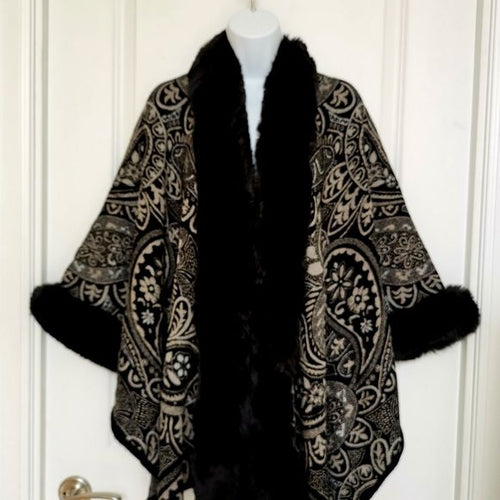 Paisley Black Cape with Faux Fur Trim one size