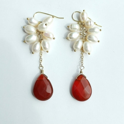 White Freshwater Pearl and Carnelian Dangle Earrings