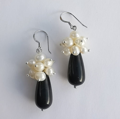White Freshwater Pearl Cluster & Black Onyx Drop Earrings