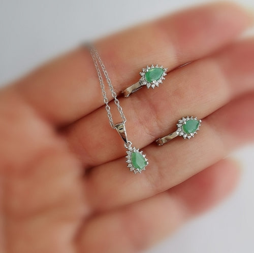 Pear Cut Emerald with Diamond Halo Necklace Earring Set