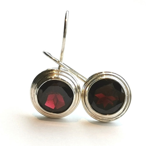 Round Cut Garnet Drop Earrings in Sterling Silver