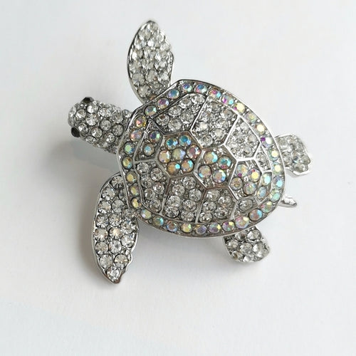 Crystal Sea Turtle Brooch / Pendant in Silver Tone