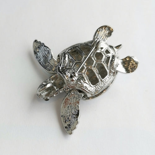 Crystal Sea Turtle Brooch / Pendant in Silver Tone