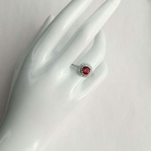 Ruby CZ Halo Ring in Sterling Silver