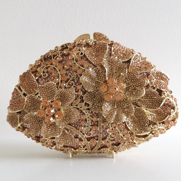 Exquisite Crystal Anemone Garden Clutch Evening Purse in Rose Gold