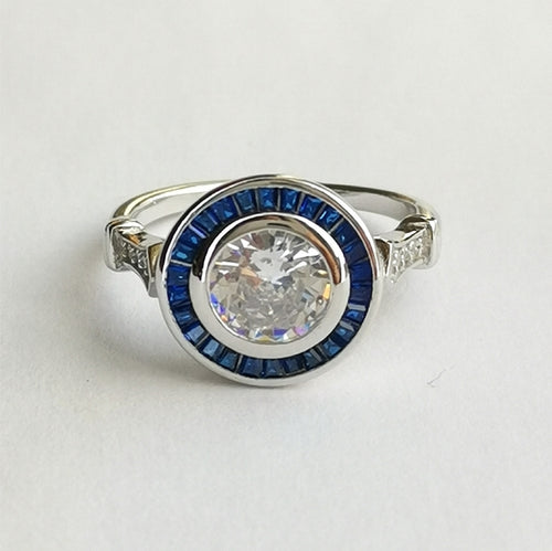 Art Deco Design White and Blue Sapphire Ring