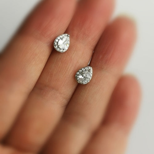 Teardrop CZ with Halo Stud Earrings in Sterling Silver