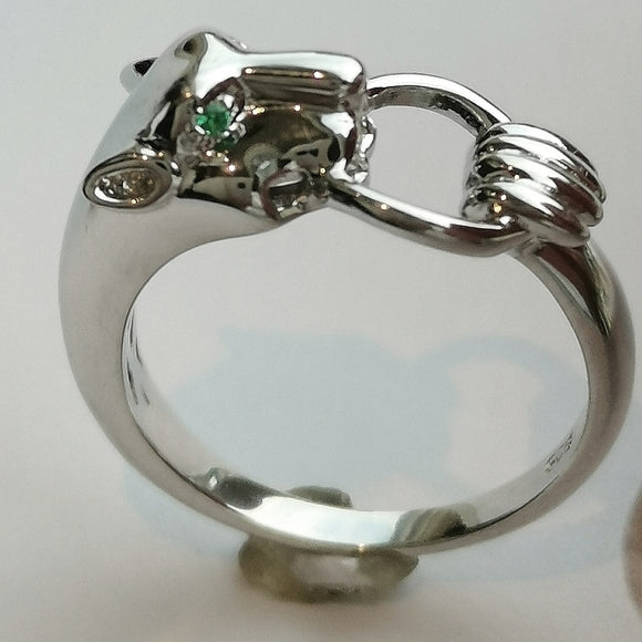 Panther Cat Sterling Silver Ring with Green CZ Eyes