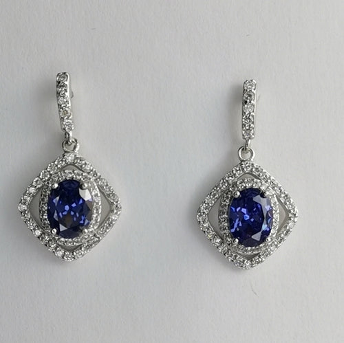 Blue and White Sapphire Halo Drop Earrings in Sterling Silver