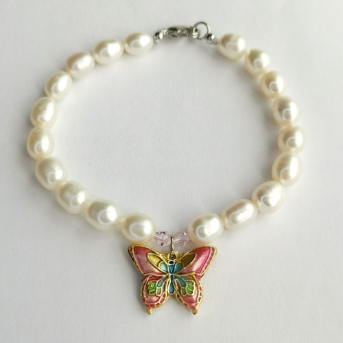 White Freshwater Pearl Bracelet Pink Cloisonne Enamel Butterfly