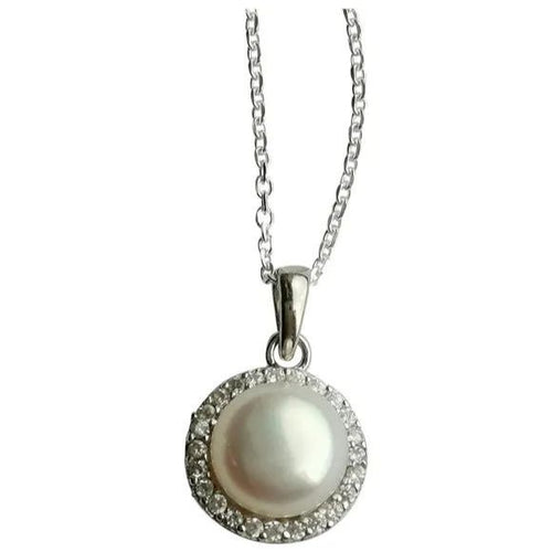 White cultured pearl pendant necklace with cz halo