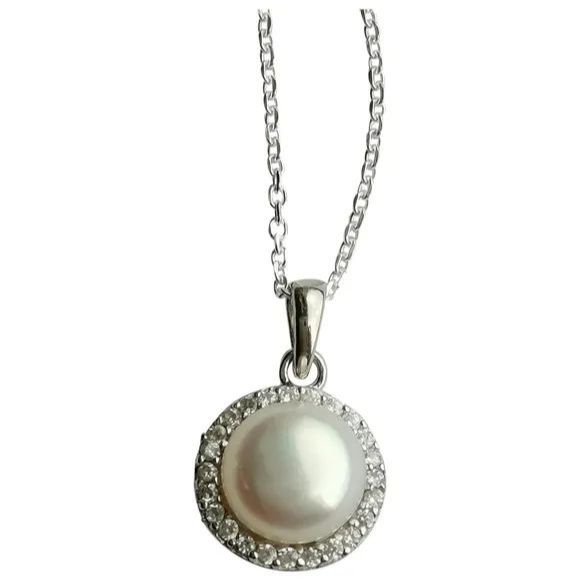 White cultured pearl pendant necklace with cz halo