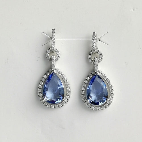 Ceylon Blue Sapphire Halo Teardrop Earrings in Sterling Silver