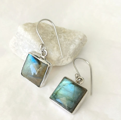 Modernist Labradorite Square Dangle Earrings in Sterling Silver