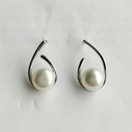 Modernist White Cultured Pearl Stud Earrings in Sterling Silver