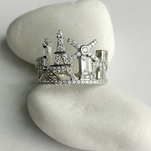 Paris Skyline Cityscape Ring in Sterling Silver and CZ