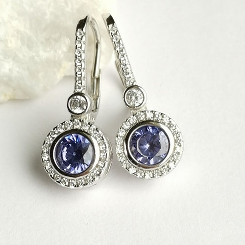 Tanzanite CZ Halo Drop Earrings in Sterling Silver Lever Back