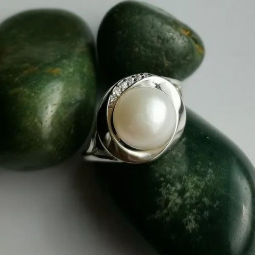 Cultured White Freshwater Pearl and White Sapphire Ring in Sterling Silver