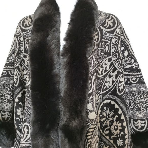 Paisley Black Cape with Faux Fur Trim one size