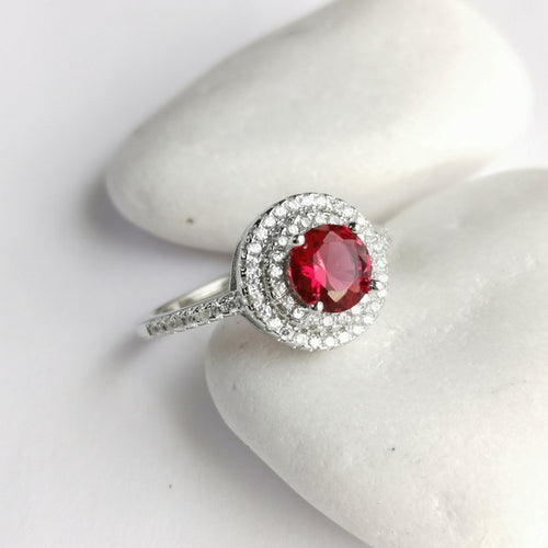 Ruby CZ Halo Ring in Sterling Silver