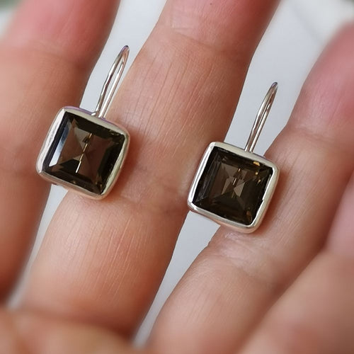 Smoky Topaz Quartz Square Cut Earrings in Sterling Silver