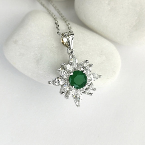 Emerald and White Sapphire Flower Pendant Necklace