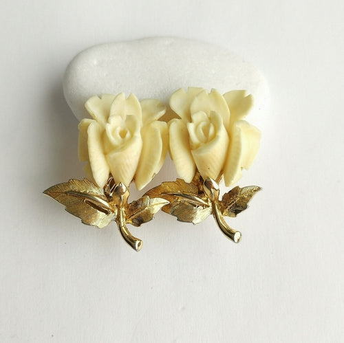 Vintage Boucher Carved Rose Mid Century Earrings