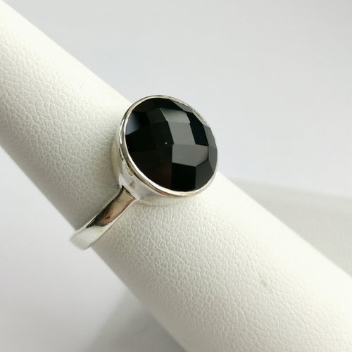 Black Onyx Checkerboard Cut Ring in Sterling Silver size 6