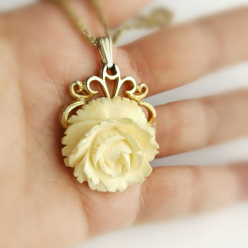 Vintage Mid Century Carved Rose Pendant Necklace