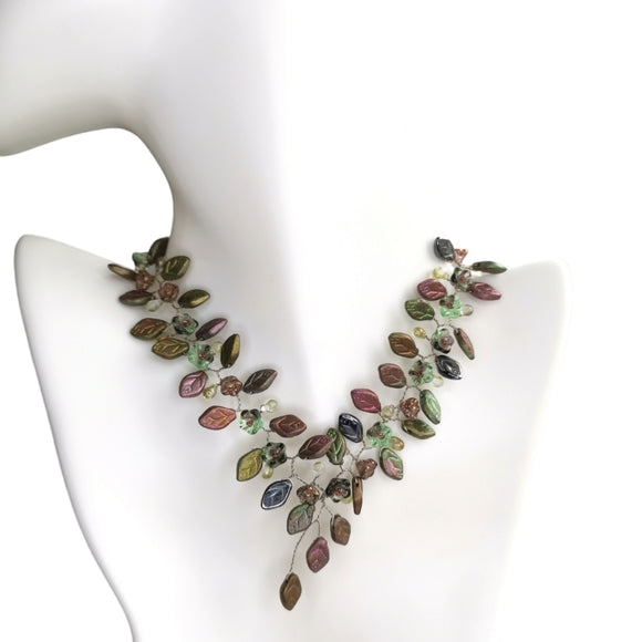 Vintage Czech Handmade Glass Flowers and Leaves Necklace