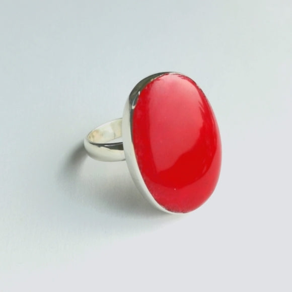 Red Sponge Coral Geometric Ring in Sterling Silver