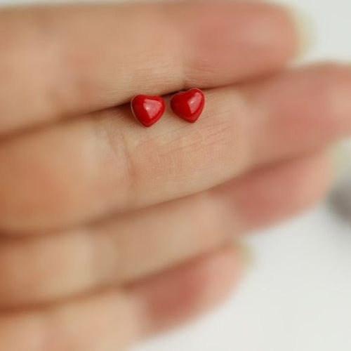 Small Red Enamel Heart Stud Earrings in Sterling Silver
