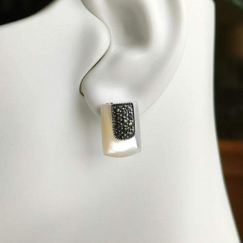 Mother of Pearl Marcasite Art Deco Earrings in Sterling Silver
