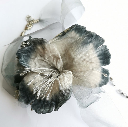 Hand Crafted Silvery Grey Velvet Flower Choker Necklace