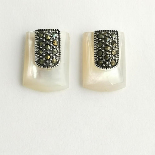Mother of Pearl Marcasite Art Deco Earrings in Sterling Silver