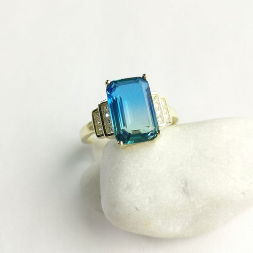 Blue Green Peacock Quartz Ring 14k Gold  Sterling Silver
