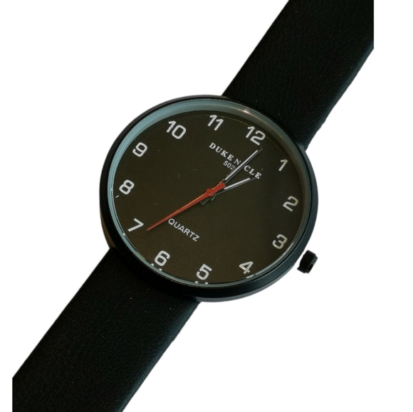 Unisex Watch Black Large Face and Black Leather Strap Quartz