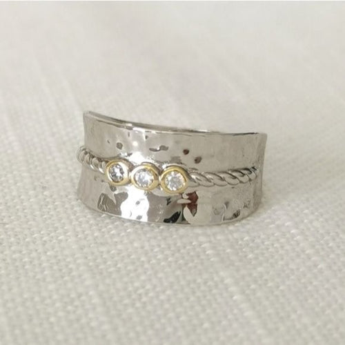 Hammered Sterling Silver Band Ring with White Sapphire and 14k Gold