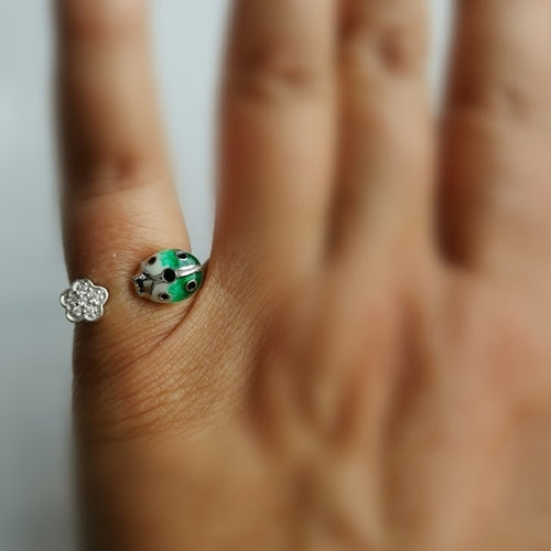 Ladybug Ring in Enamel and CZ Flower in Sterling Silver size 7