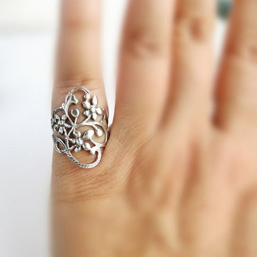 Filigree Flower Vine Ring in Sterling Silver size 6.5