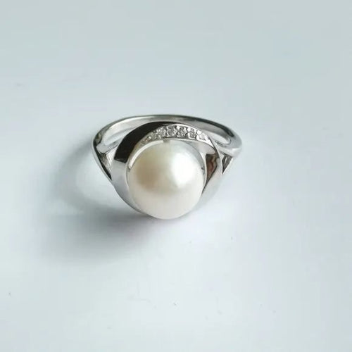 Cultured White Freshwater Pearl and White Sapphire Ring in Sterling Silver