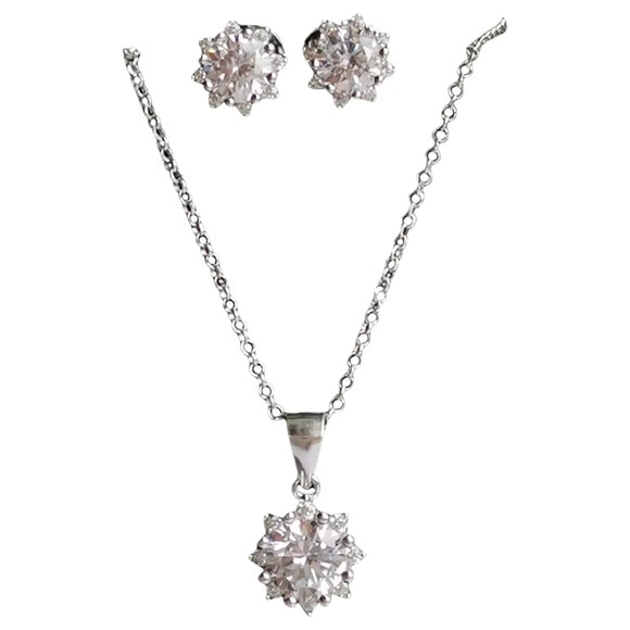 CZ "Sunflower" Pendant Necklace and Earring Set in Sterling Silver