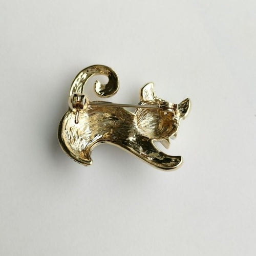 Playful Cat Brooch with Clear and Black Crystals in Gold Tone