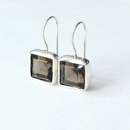 Smoky Topaz Quartz Square Cut Earrings in Sterling Silver