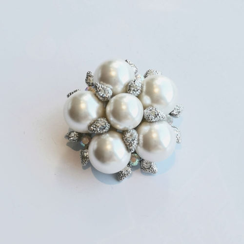 White Faux Pearl and Crystal Cluster Brooch in Silver Tone