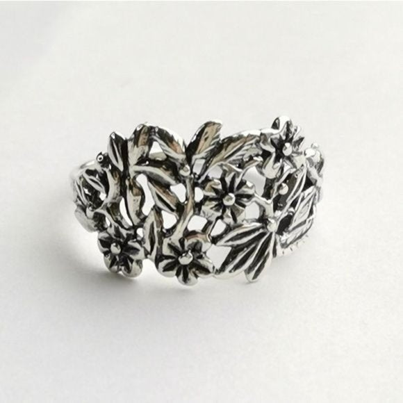 Filigree Flower Garden Band Ring in Sterling Silver