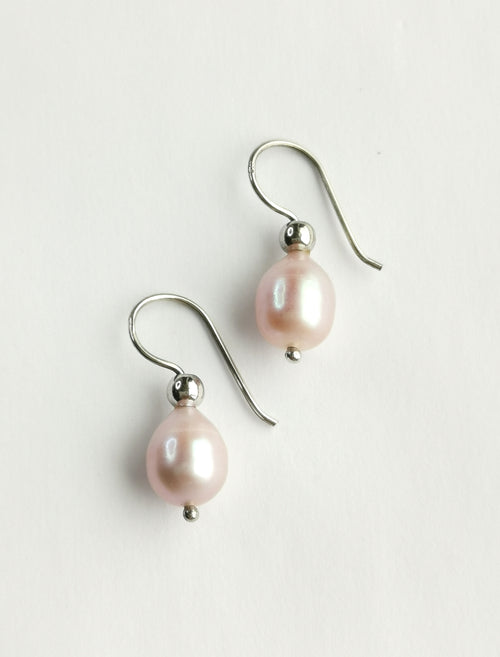 Blush Freshwater Pearl Drop Earrings on Sterling Silver French Hooks